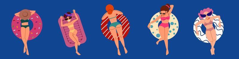 conjunto con mujeres en dispositivos inflables. niñas felices nadando en el mar en círculos inflables y un colchón, vacaciones de verano vector