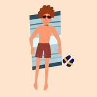 A man is lying on his back and sunbathing on the sand. vector