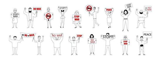 Protesting crowd of people with posters No to war. vector illustration