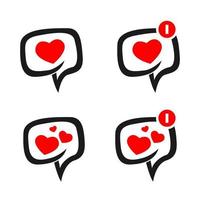 conjunto de iconos de corazón, caja de burbujas, caja de chat, corazón, símbolo de amor, símbolo de notificación de amor, amor vector