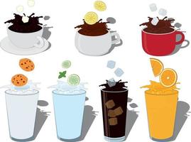 Collection of hot and cold drinks with big splashes on top vector illustration