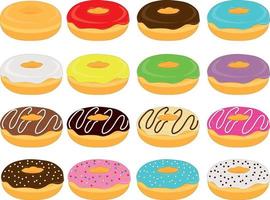 Collection of sweet doughnuts with different frostings and toppings vector illustration