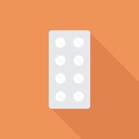 Medicines, pill blister on flat coloured background with long shadow in flat style, vector isolated icon