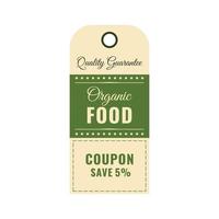The organic food label and discount coupon. The concept of organic, natural products.