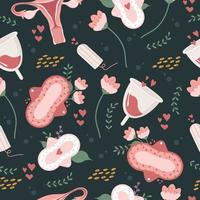 Seamless menstruation-themed drawing with uterus, cups and feminine hygiene pads. Repeating background. Colourful flat vector illustration