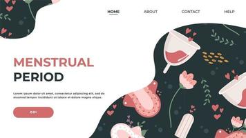 Website landing page on the topic of female reproductive health, hygiene, menstruation with images of pads, tampons. Flat vector illustration. Health concept for banner, website design or landing page
