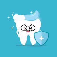 Cute character of a clean healthy tooth wearing glasses with toothpaste and a protective shield. Illustration of children's dentistry. Oral hygiene, brushing teeth. vector
