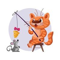 Cat catching mouse on fishing rod with cheese. vector