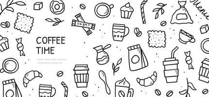 conjunto de garabatos dibujados a mano de artículos temáticos de café. plantilla de banner horizontal. ilustración de estilo de boceto. vector