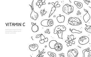Hand drawn doodle set of vitamin C sources theme. Horizontal banner template. Natural food. Vector black and white outline.