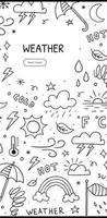 Hand drawn doodle of weather theme. Vertical banner template. Contains sign of the sun, clouds, snowflakes, wind, rain, moon, lightning and more. Sketch style illustration. vector