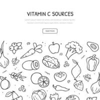 Hand drawn doodle set of vitamin C sources. Horizontal banner template. Vector black and white outline.