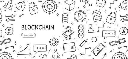 Hand drawn doodle set of blockchain theme. Horizontal banner template. Cryptocurrency concept in sketch style. Vector electronic commerce illustration.