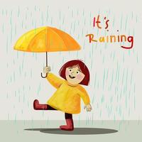 niña, niños con un paraguas en el personaje del día lluvioso, símbolo de icono, ilustración vectorial dibujada a mano.