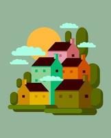Colorful house's ,trees on village landscape vector illustration.