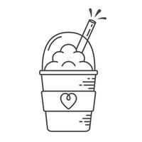 Glass of milkshake with foam. Black and white icon in line-art style. vector