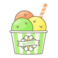 Three scoops of ice cream in a paper striped cup. Vector isolated image in flat style on white background. Cartoon style with outline stroke. The design is suitable for stickers, menus, posters.