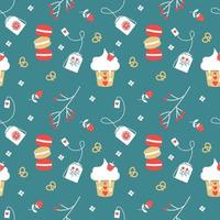 Seamless pattern with red berries, cookies, ice cream and fruit tea on a blue background. Muffin with strawberries and vanilla cream. Tea bags vector