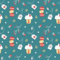 Seamless pattern with red berries, cookies, ice cream and fruit tea on a blue background. Muffin with strawberries and vanilla cream. Tea bags vector