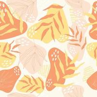 Summer trendy abstract square seamless pattern with leaves in yellow, orange, peach and shabby colours. Vector background.