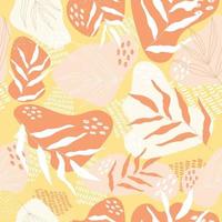 Summer abstract square seamless pattern with leaves in yellow, orange, peach and shabby colours. Vector fashion background.
