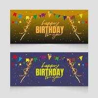 celebración de cumpleaños feliz con cinta de color dorado y diseño de banner horizontal geométrico vector