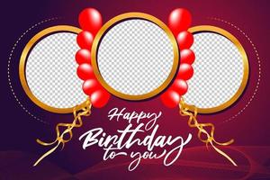 Happy birthday celebration background with realistic balloons and photo frame ribbon design vector