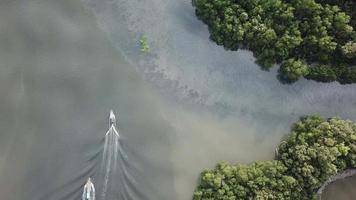 Aerial drone view boats pass mangrove trees at estuary at Penang. video