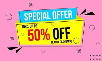 special offer ad banner design. pink abstract geometric memphis style background. 50 percent discoun vector