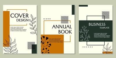 set of annual book cover templates. geometric background with hand drawn leaf elements. for catalogs, brochures, presentations vector