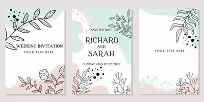 conjunto de plantillas de portada de invitación de boda. hermoso y elegante diseño sobre fondo abstracto con elementos florales dibujados a mano y forma de círculo. vector