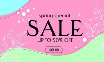 banner de venta de primavera de tema natural. color de fondo abstracto con elementos florales dibujados a mano. vector