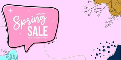 pink natural theme spring sale banner. abstract background with hand drawn chat bubbles and flowers elements. vector