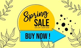 spring discount advertising banner design. yellow background with circle and arrow shape. natural theme advertising badge vector