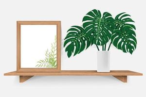 wood frame photo on empty wooden shelf with monstera leaf vector