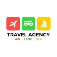 plantilla de logotipo de agencia de viajes con elementos de barco, avión y autobús en un fondo aislado vector
