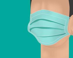 Cubierta de máscara médica verde 3d en la cara de los hombres. máscara protectora de filtro quirúrgico. ilustración de vector de equipo de atención médica.