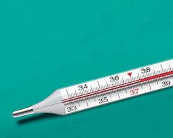 Close up of 3d medical thermometer with standard human temporature at 37 degree and arrow in red color. Fever test. Heat checking. health care equipment vector illustration.