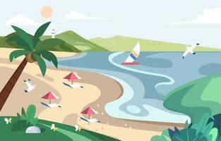 hermosa playa de verano con fondo de pájaros y árboles vector