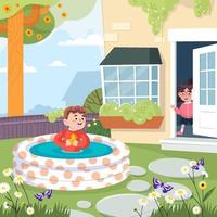 Children Play in the Pool at Backyard Concept vector