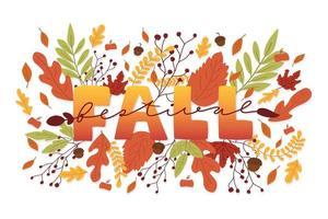 Fall Festival hand writing word and fall leaves background. Autumn leaf in style. Vector illustration template poster.