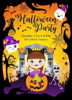 Halloween Party Design invitation template with witch girl and friends