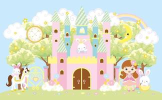 Pastel color castle with beautiful princess and bunny vector