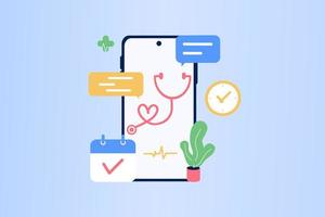 Online medical consultation on mobile app through the phone screen. Online medical clinic, tele medicine, online healthcare, online doctor consultation, digital health concept. Vector illustration.