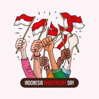 manos ondeando la bandera en el día independiente de indonesia vector