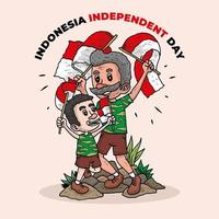 día de la independencia de indonesia con padre e hijo ondeando la ilustración de la bandera vector