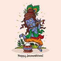 feliz janmashtami con krishna tocando la flauta ilustración vector