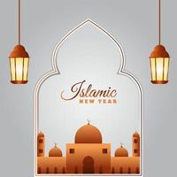 Happy islamic new year eid hijri mubarak poster background design. Great mosque with hanging lattern lamp in gray white background vector