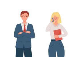 Office workers, a man in a jacket and a woman with a phone and documents. Two business characters, vector illustration