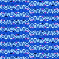 Vector seamless abstract pattern with waves, hearts and fishes on blue background.